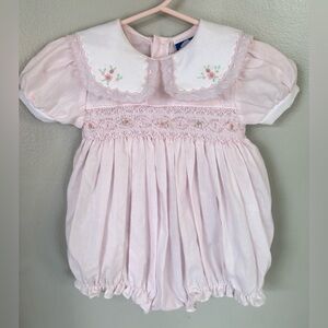 Carriage Boutiques Pink Bubble Romper Hand Smocked Floral Hearts ruffle Lace 6 M